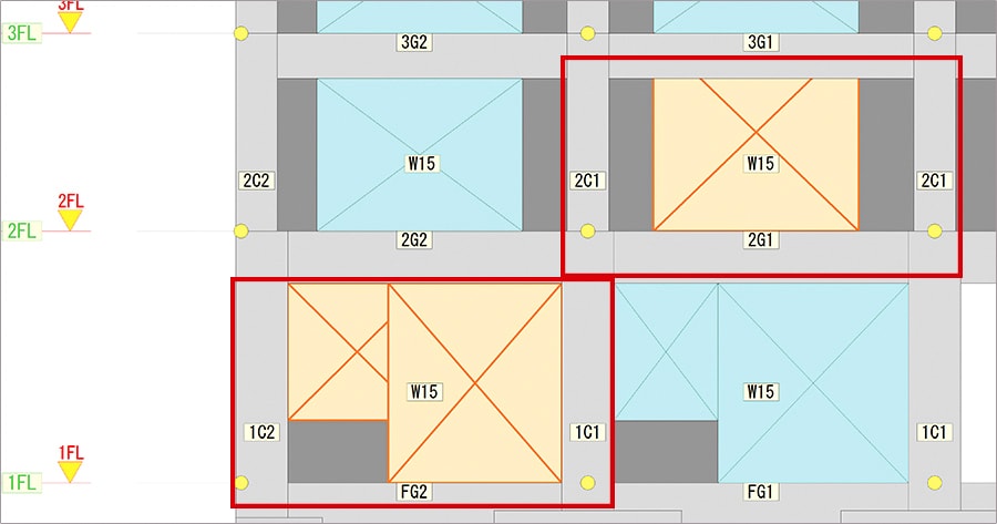 入力に不正がある部材は色を変えて表示