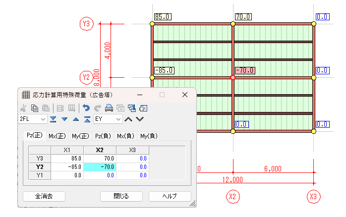 応力計算用特殊荷重の表形式グリッド入力