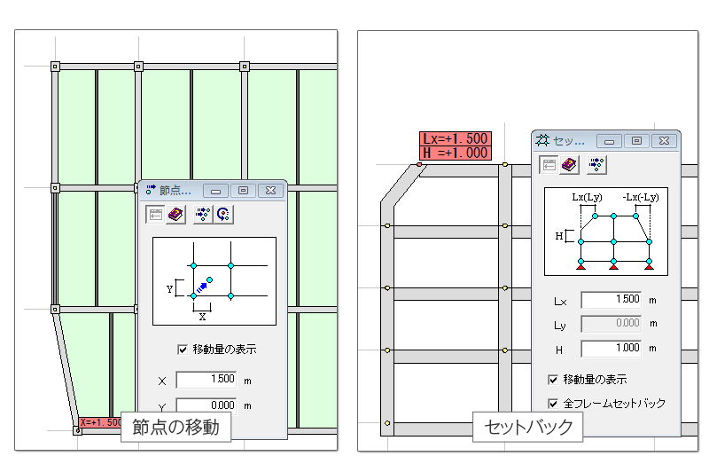 セットバック、節点の上下移動は、任意の層で指定することができます