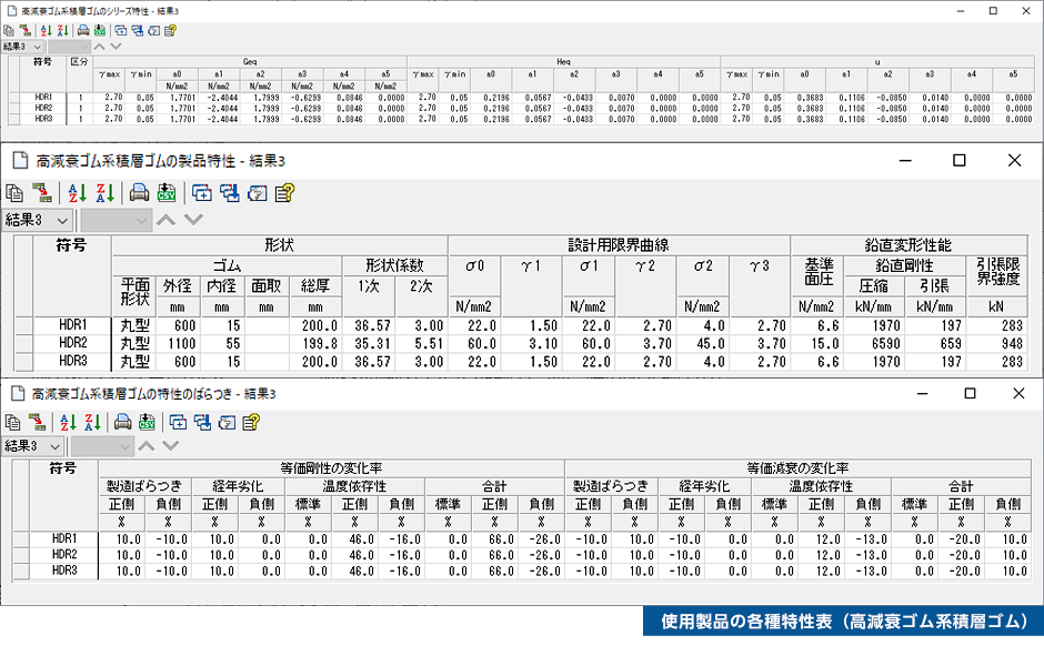 使用製品の各種特性表（高減衰ゴム系積層ゴム）